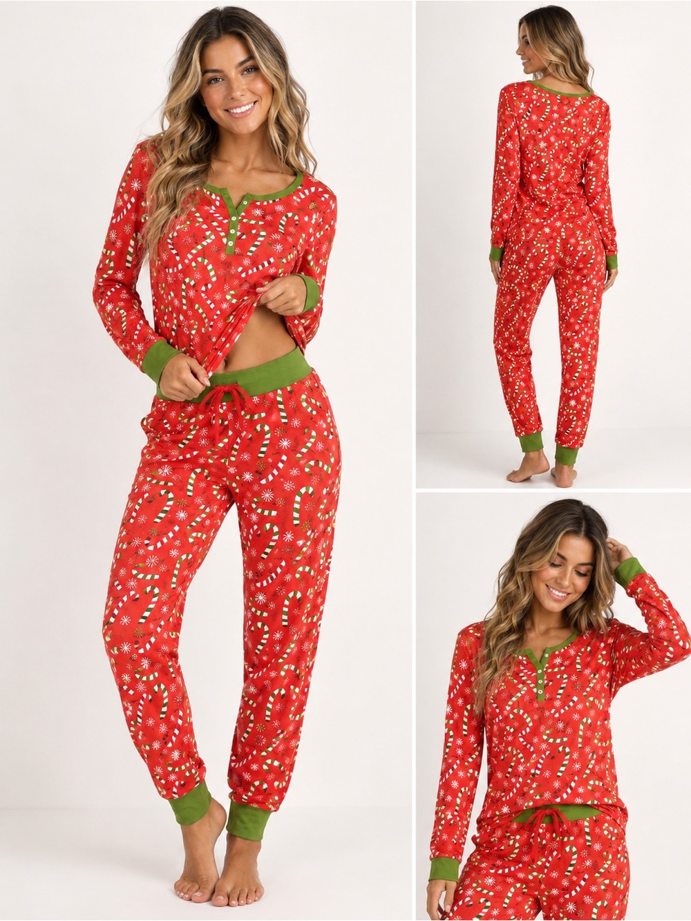 Women's Red Candy Cane Print Pajama Set with Green Trim